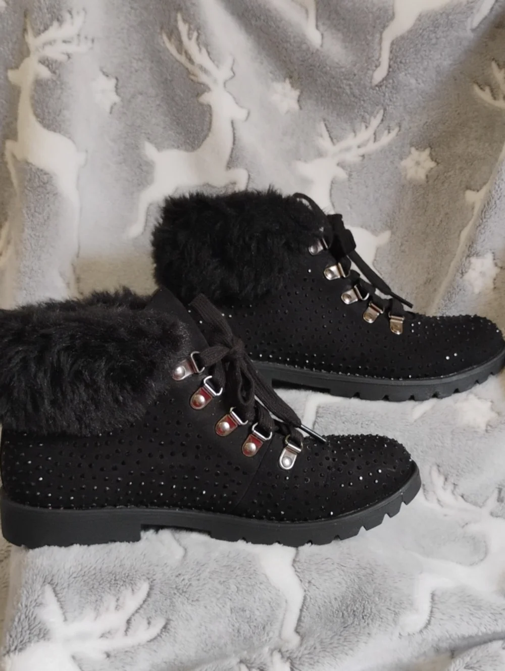 Justice Black Faux-Fur Lace-Up Winter Boots With Studded Accents 8